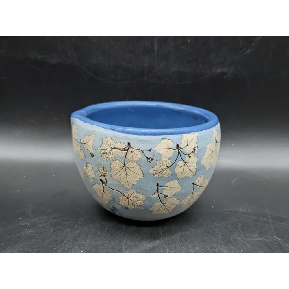 Vintage Wizards Of Clay Studio Art Pottery Impressed Leaf Blue Batter Bowl 5